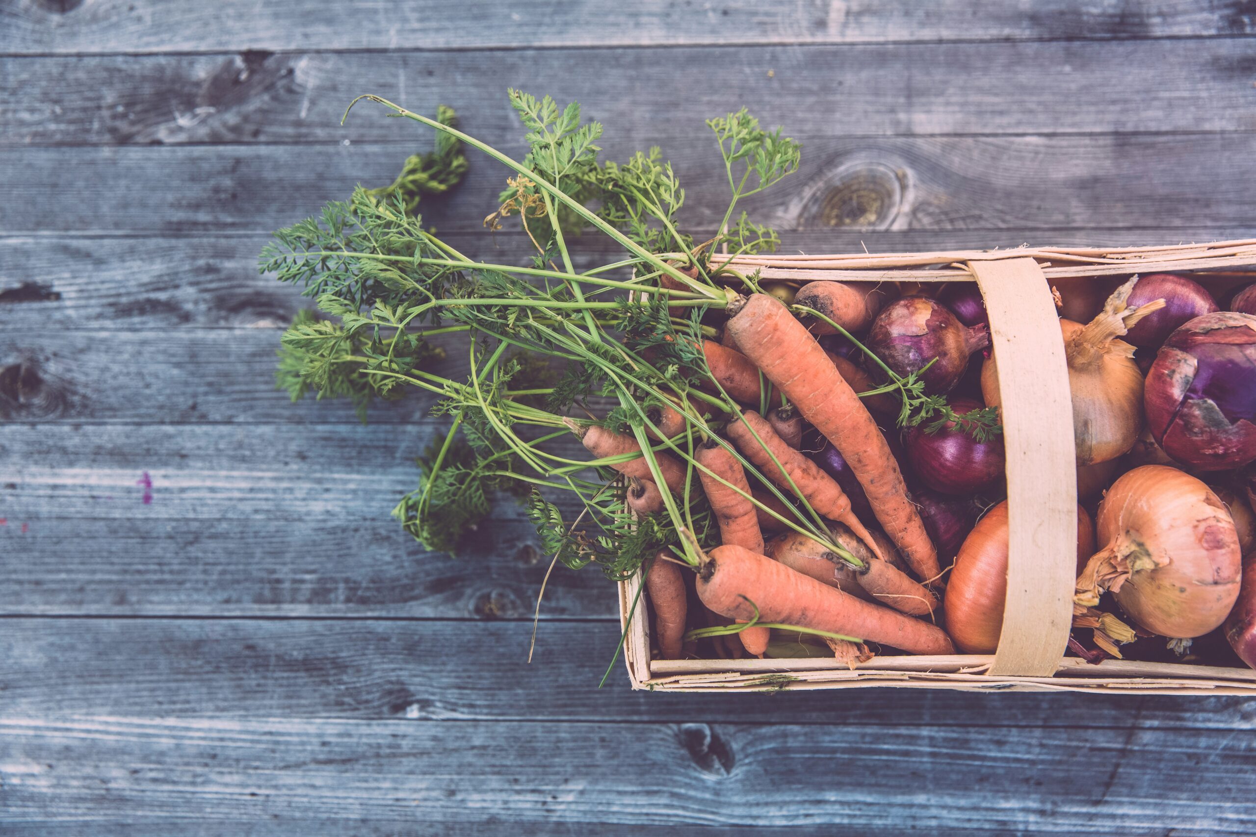 Box filled with freshly harvested carrots and assorted vegetables, symbolizing agricultural production and farm-to-table freshness.